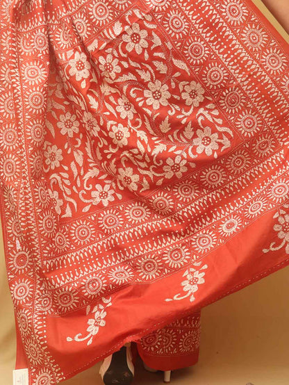 Orange Embroidered Kantha Pure Banglore Silk Saree