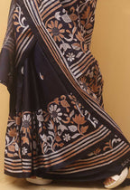 Blue Embroidered Kantha Pure Banglore Silk Saree - Luxurion World