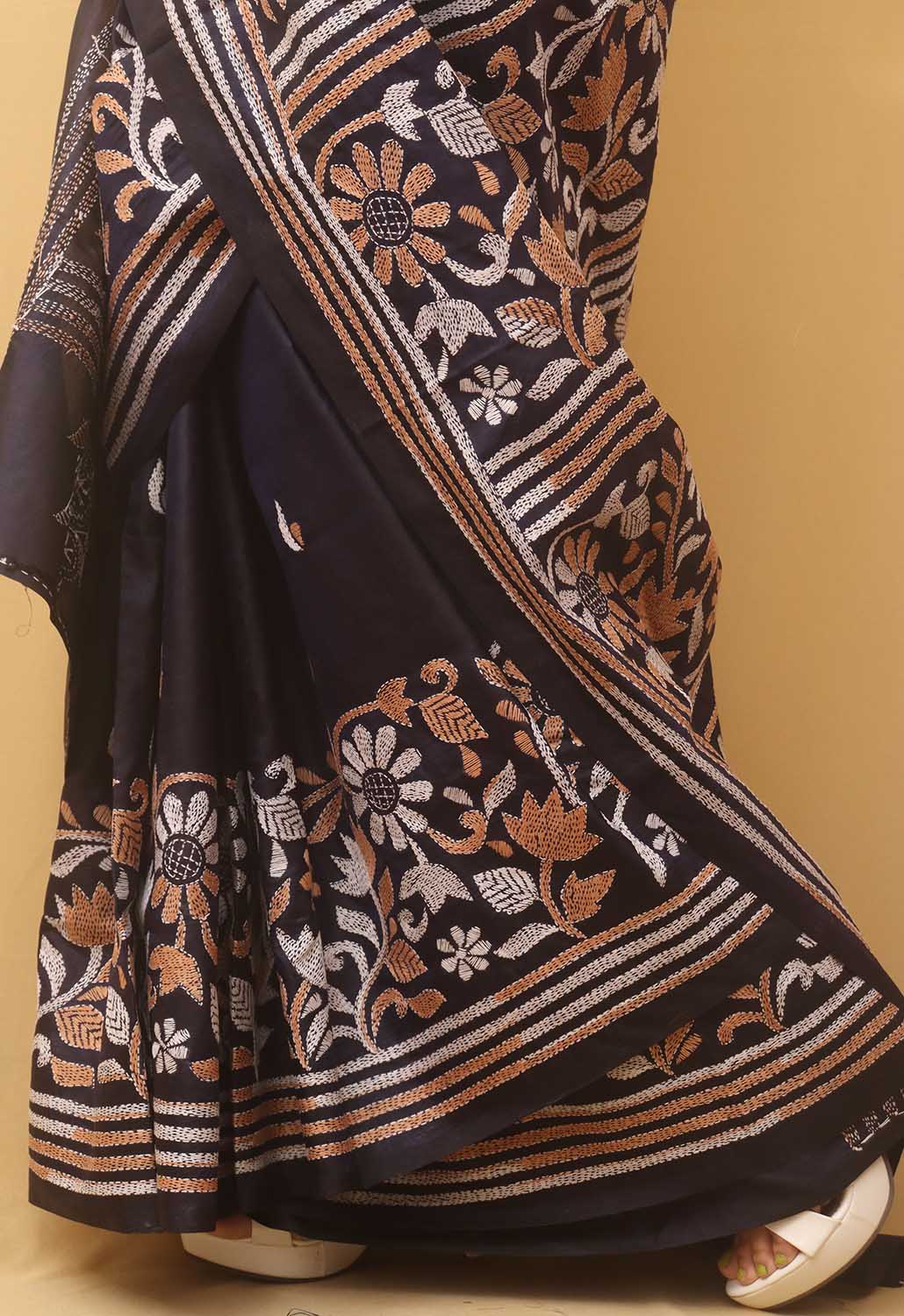 Blue Embroidered Kantha Pure Banglore Silk Saree - Luxurion World
