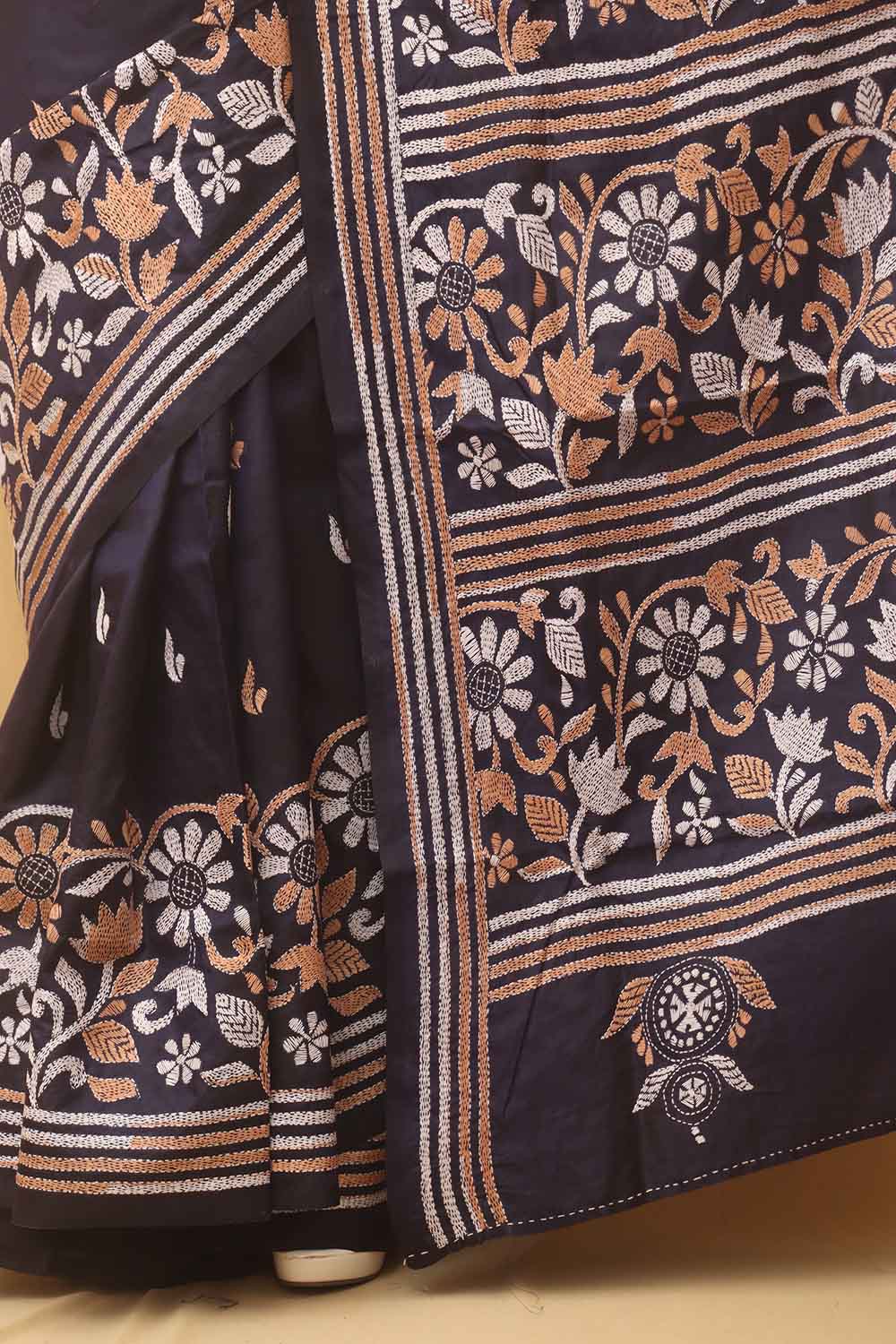 Blue Embroidered Kantha Pure Banglore Silk Saree - Luxurion World