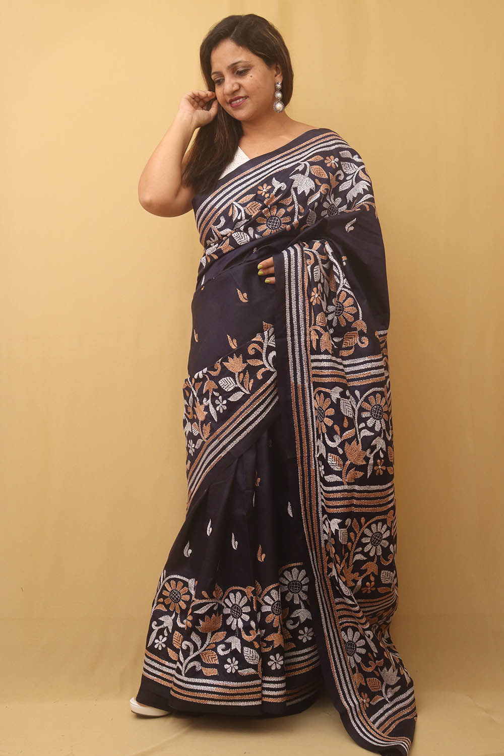 Blue Embroidered Kantha Pure Banglore Silk Saree