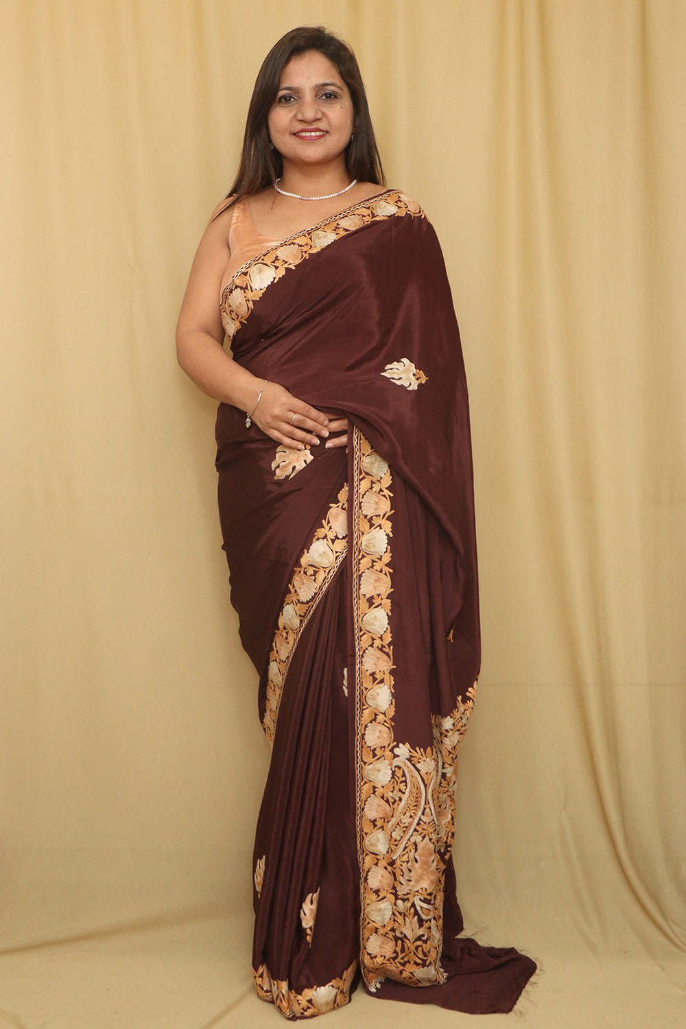 Brown Embroidered Kashmiri Aari Work Crepe Floral Design Saree - Luxurion World