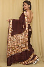 Brown Embroidered Kashmiri Aari Work Crepe Floral Design Saree - Luxurion World