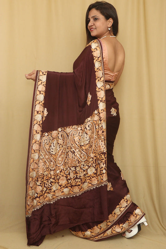 Brown Embroidered Kashmiri Aari Work Crepe Floral Design Saree - Luxurion World