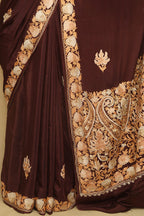 Brown Embroidered Kashmiri Aari Work Crepe Floral Design Saree - Luxurion World