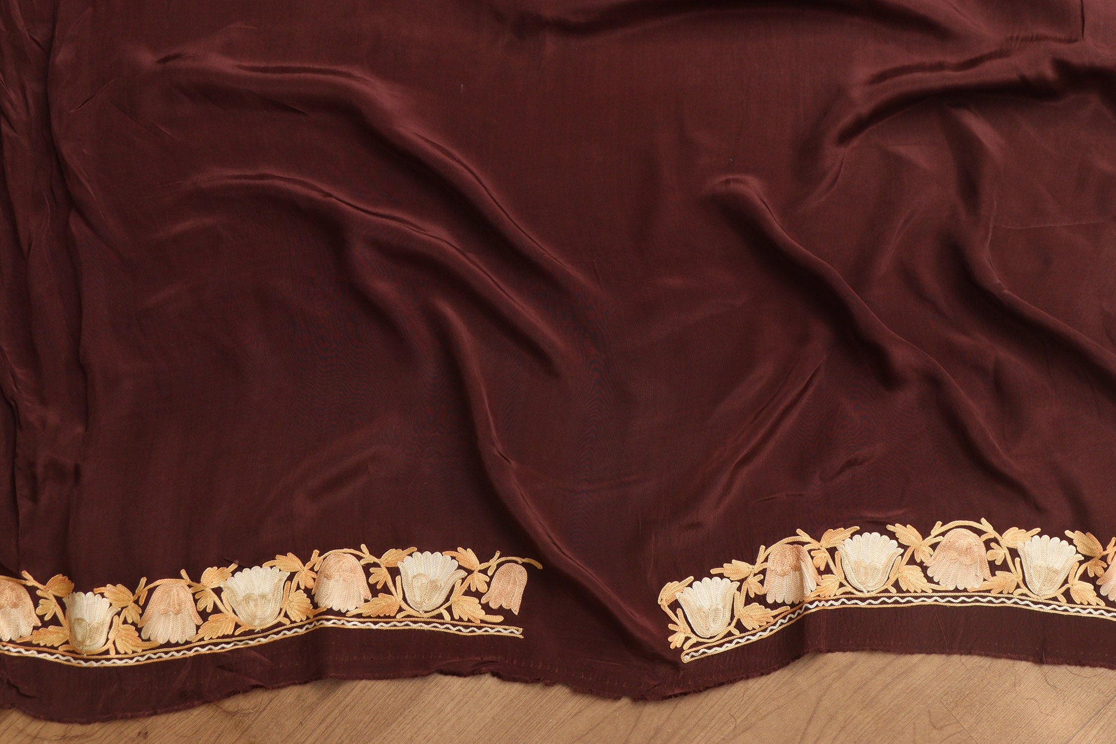 Brown Embroidered Kashmiri Aari Work Crepe Floral Design Saree - Luxurion World