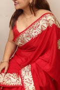 Exquisite Red Embroidered Kashmiri Tilla Work Crepe Saree - Luxurion World