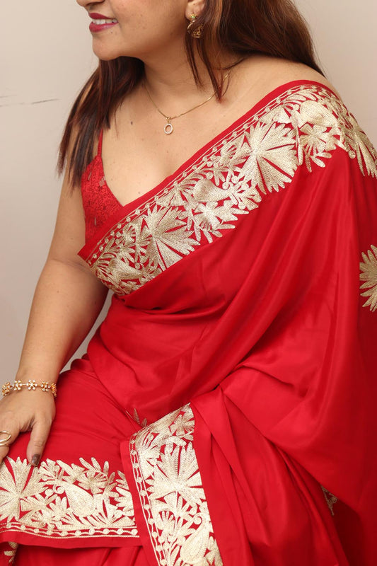 Exquisite Red Embroidered Kashmiri Tilla Work Crepe Saree - Luxurion World