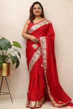 Exquisite Red Embroidered Kashmiri Tilla Work Crepe Saree - Luxurion World