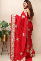 Exquisite Red Embroidered Kashmiri Tilla Work Crepe Saree - Luxurion World