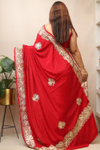 Exquisite Red Embroidered Kashmiri Tilla Work Crepe Saree - Luxurion World