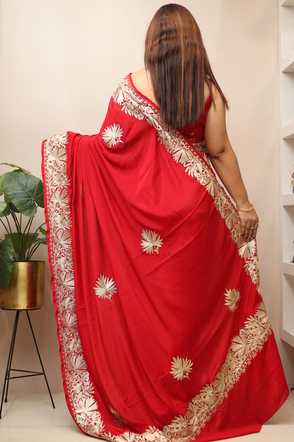 Exquisite Red Embroidered Kashmiri Tilla Work Crepe Saree - Luxurion World