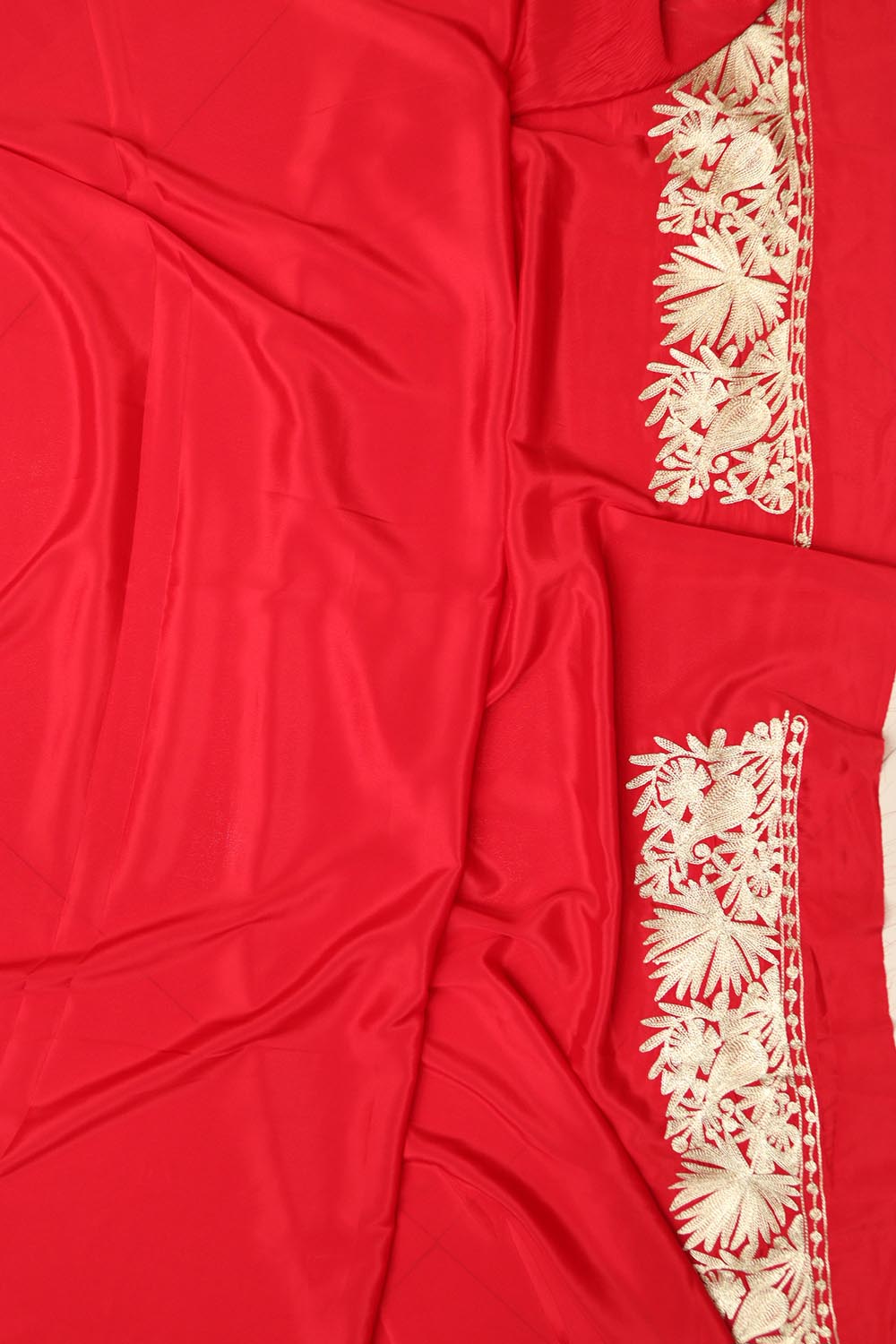 Exquisite Red Embroidered Kashmiri Tilla Work Crepe Saree - Luxurion World