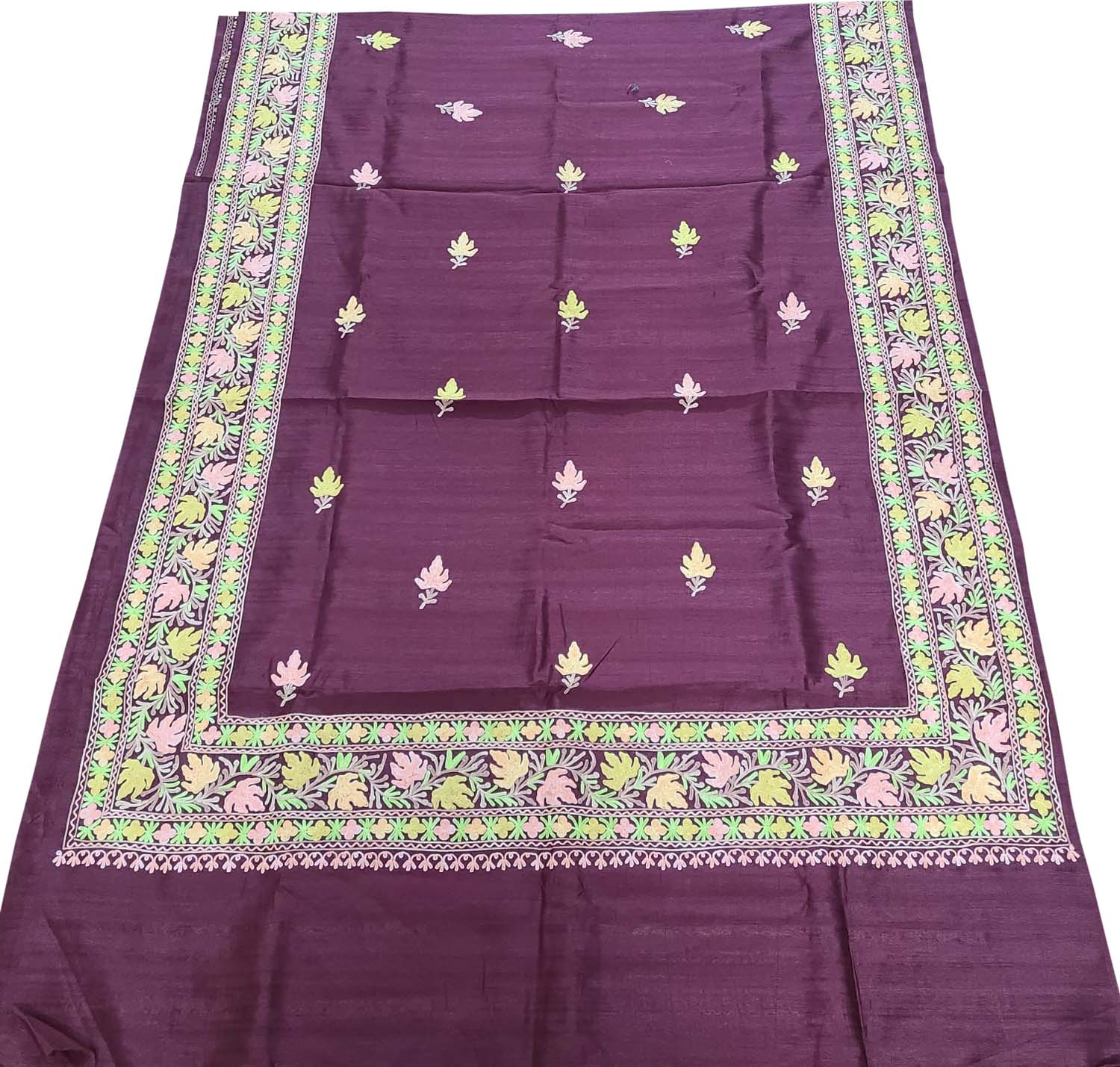 Exquisite Maroon Silk Saree with Kashmiri Aari Embroidery - Luxurion World