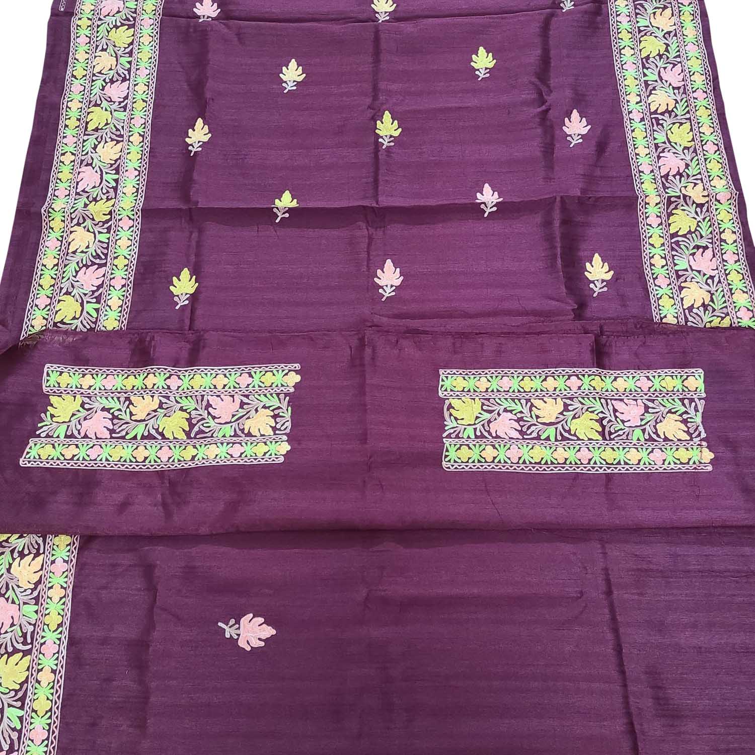 Exquisite Maroon Silk Saree with Kashmiri Aari Embroidery - Luxurion World