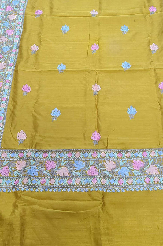 Exquisite Yellow Silk Saree with Hand Embroidered Aari Work