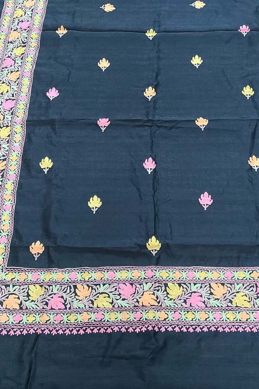 Exquisite Black Hand Embroidered Kashmiri Aari Work Silk Saree