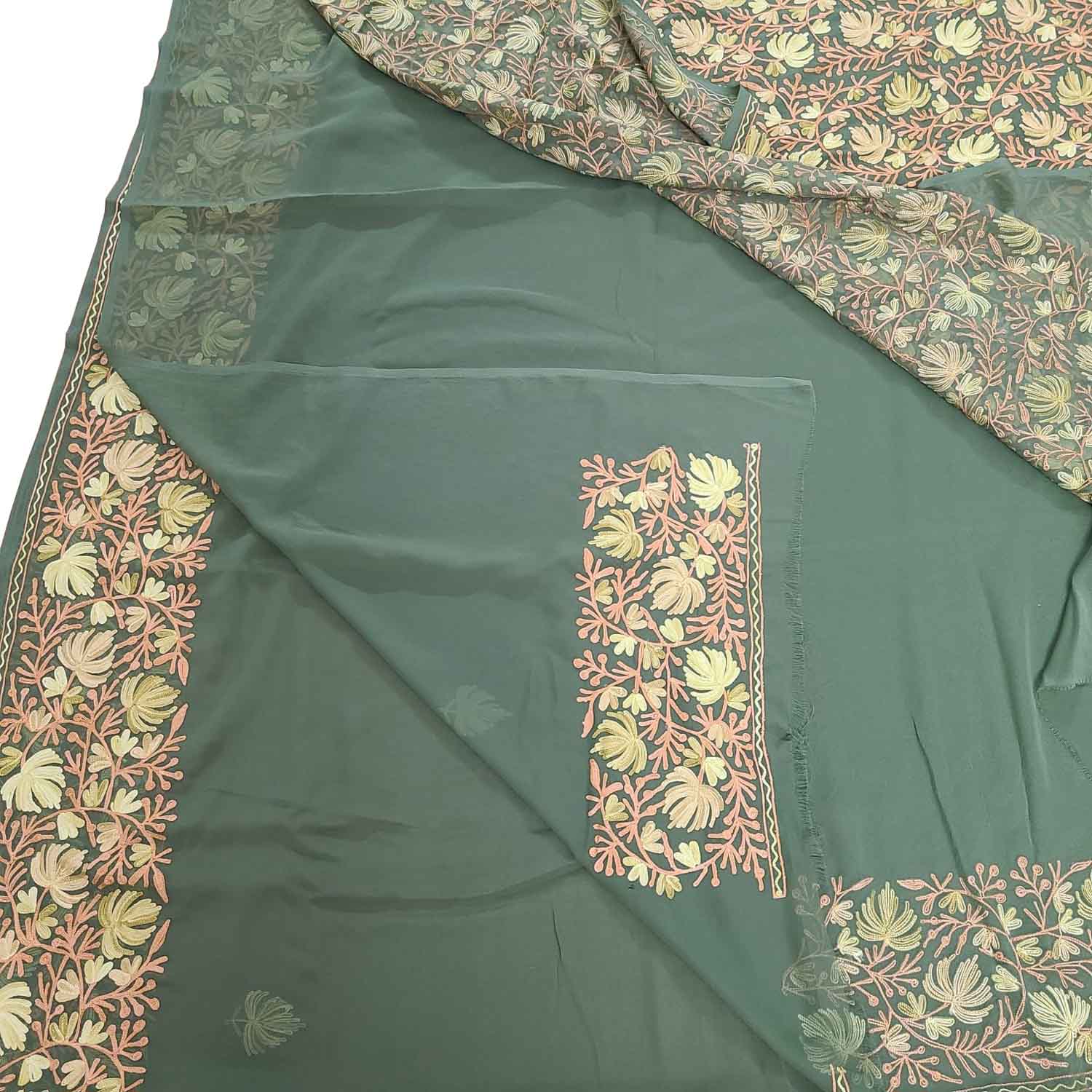 Green Kashmiri Aari Work Georgette Saree - Luxurion World