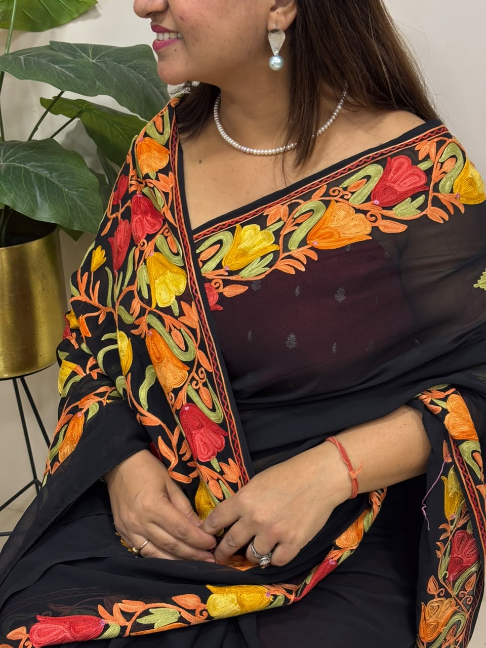 Black Embroidered Kashmiri Aari Work Georgette Saree IS1K4SD826102801