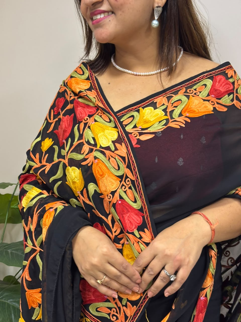 Black Embroidered Kashmiri Aari Work Georgette Saree IS1K4SD826102801