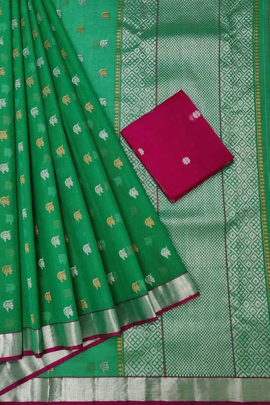Stunning Green and Pink Kota Doria Saree with Real Zari Handloom Weave - Luxurion World