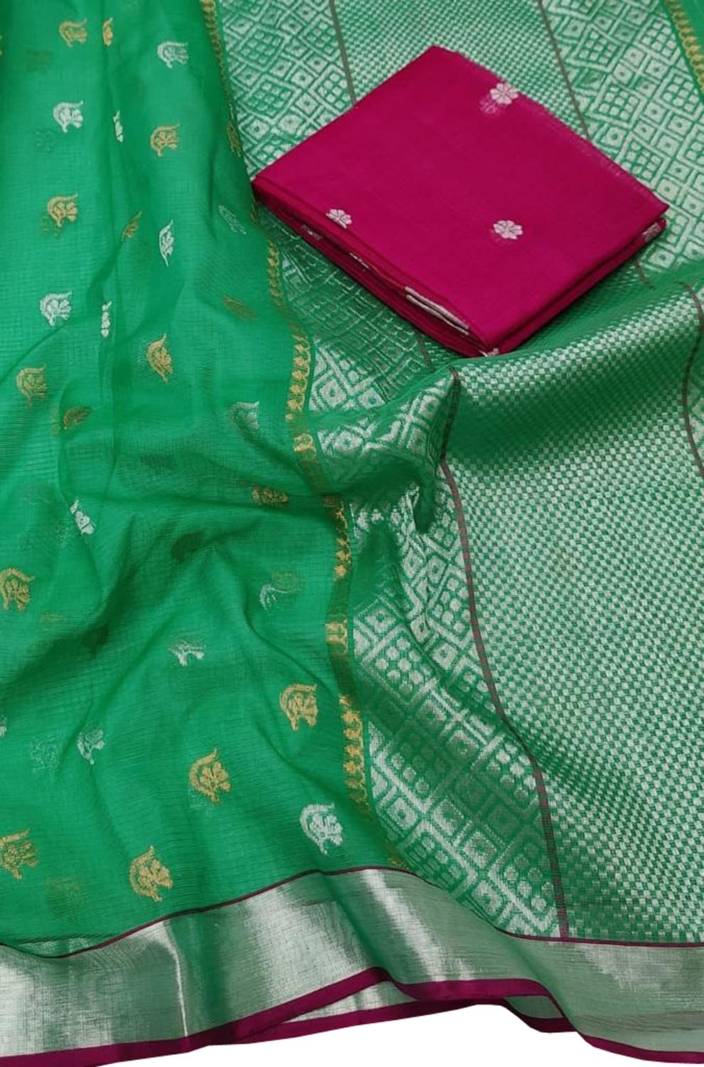 Stunning Green and Pink Kota Doria Saree with Real Zari Handloom Weave - Luxurion World