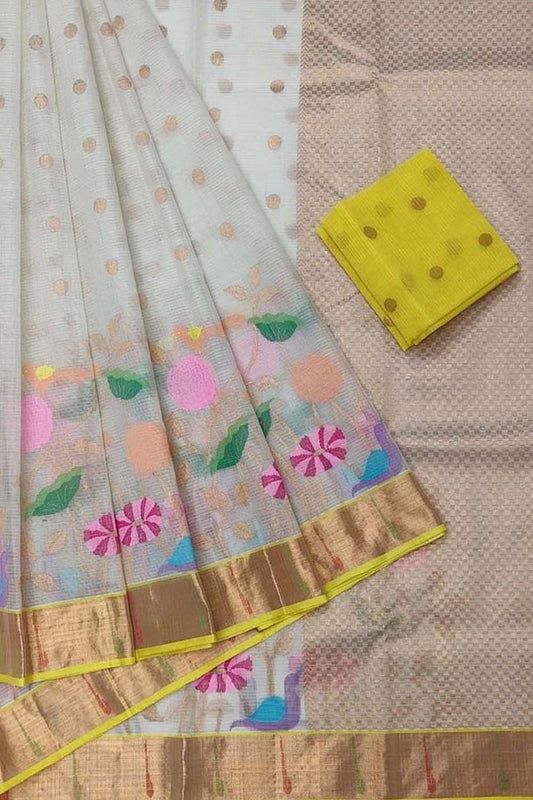 Stunning Off White and Yellow Kota Doria Saree with Real Zari Weaving - Luxurion World