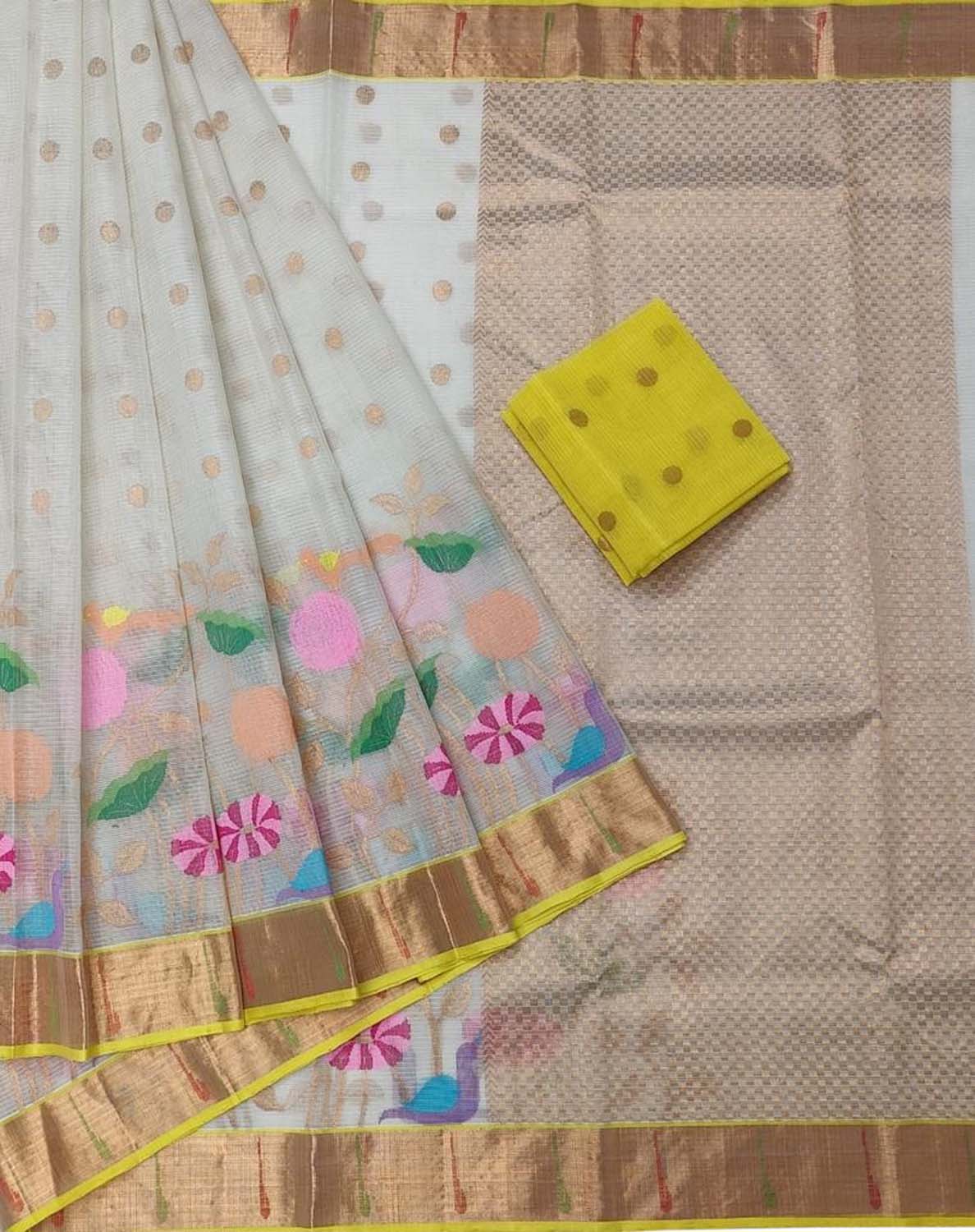 Stunning Off White and Yellow Kota Doria Saree with Real Zari Weaving - Luxurion World