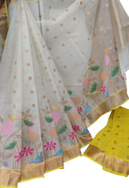 Stunning Off White and Yellow Kota Doria Saree with Real Zari Weaving - Luxurion World