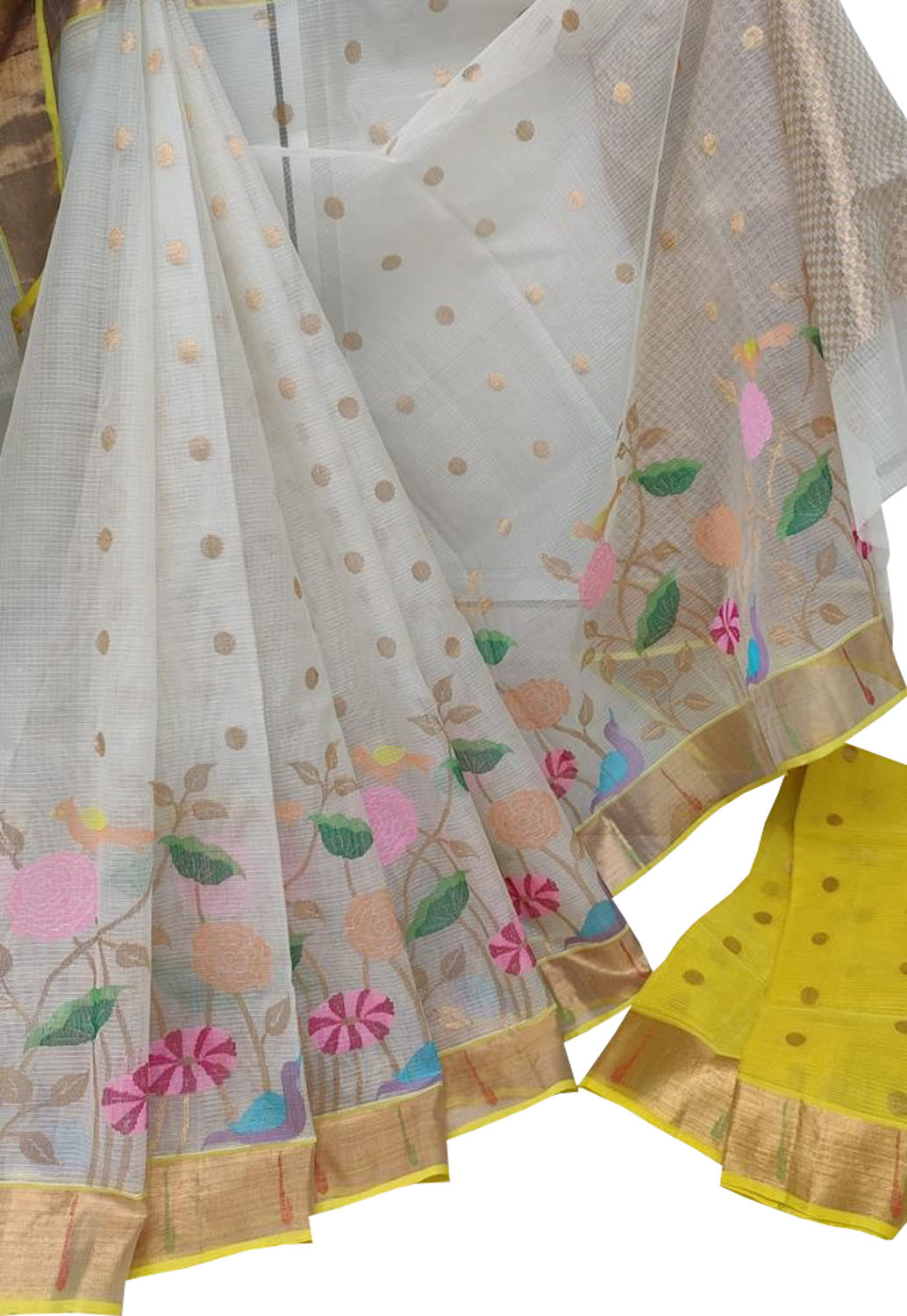 Stunning Off White and Yellow Kota Doria Saree with Real Zari Weaving - Luxurion World