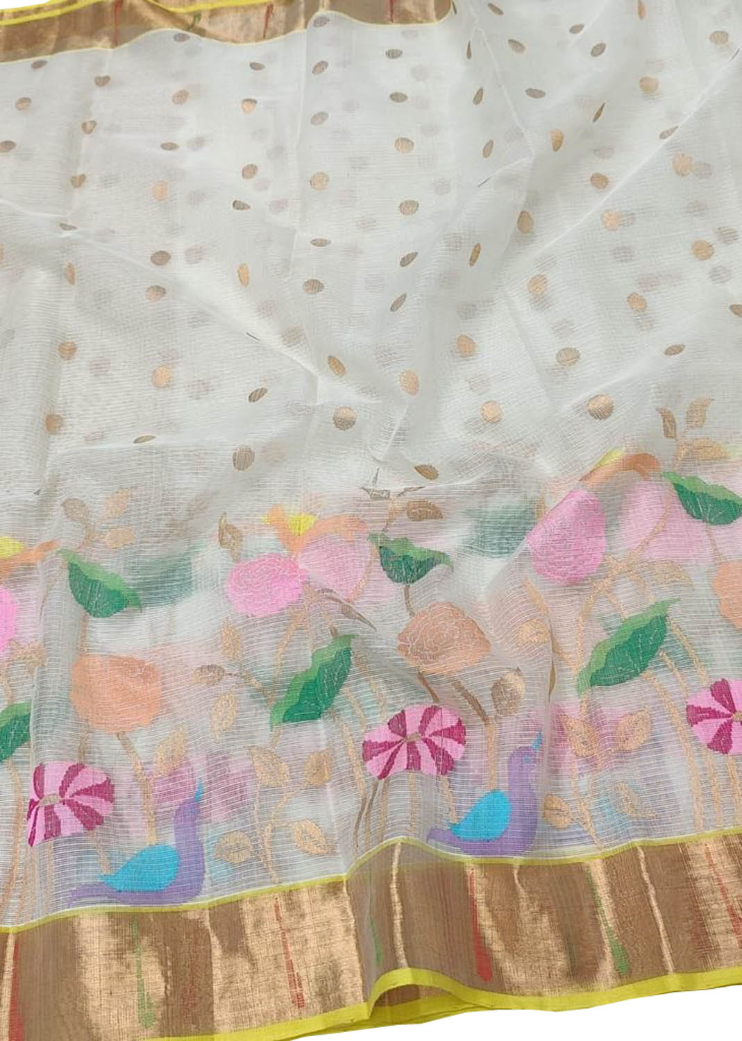 Stunning Off White and Yellow Kota Doria Saree with Real Zari Weaving - Luxurion World