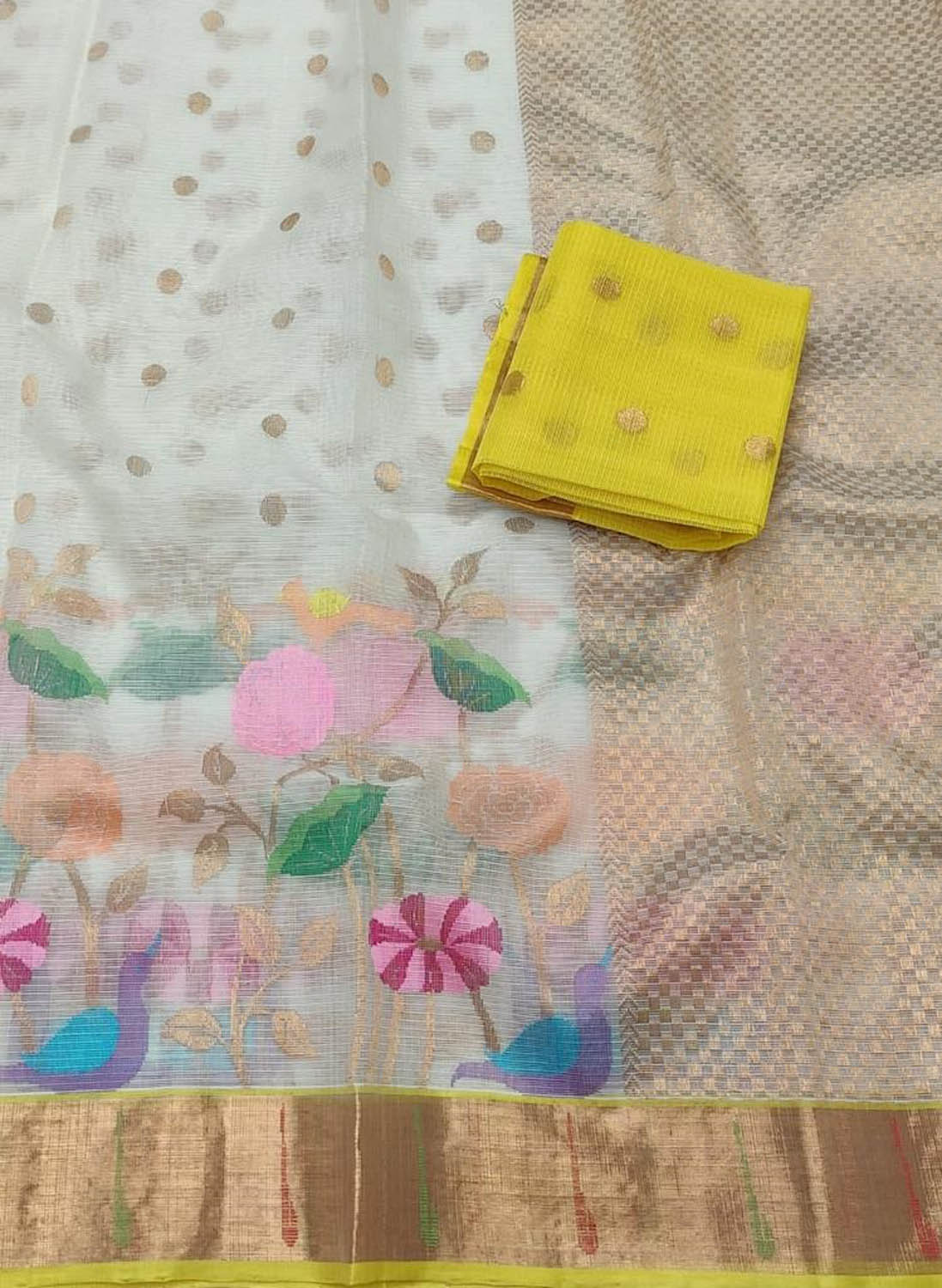 Stunning Off White and Yellow Kota Doria Saree with Real Zari Weaving - Luxurion World