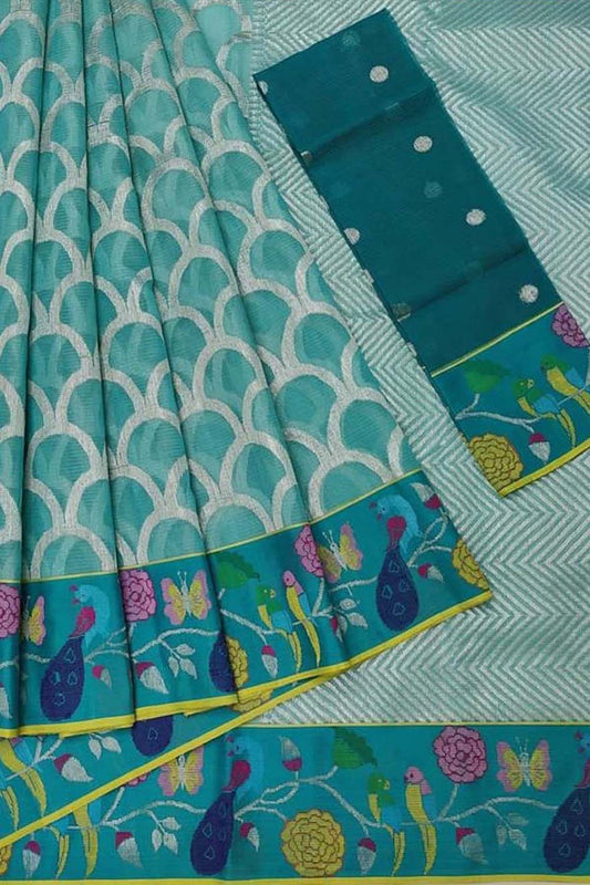 Stunning Blue Kota Doria Saree with Handloom Weaving and Real Zari Embellishments - Luxurion World