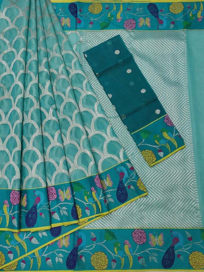 Stunning Blue Kota Doria Saree with Handloom Weaving and Real Zari Embellishments