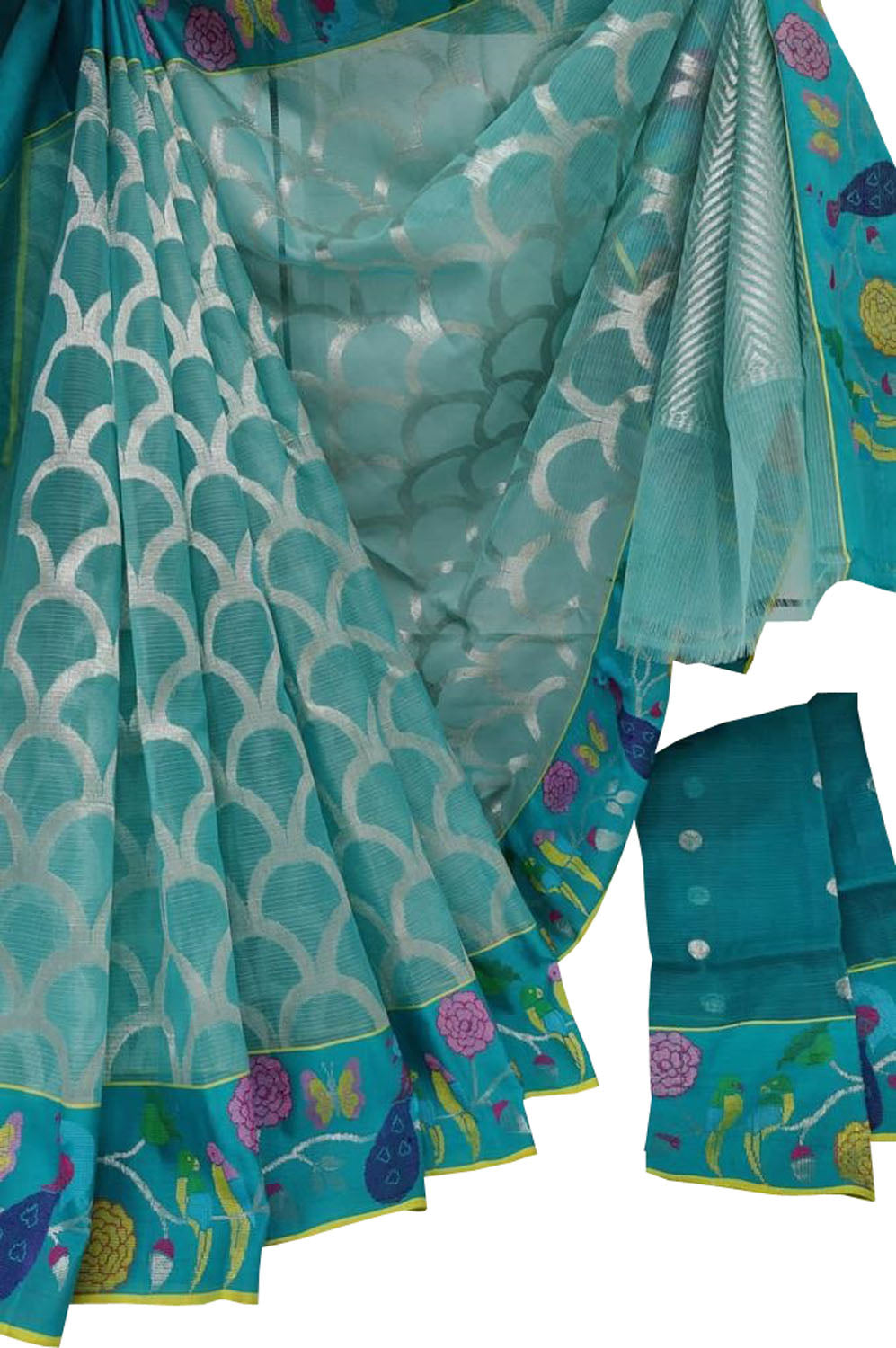 Stunning Blue Kota Doria Saree with Handloom Weaving and Real Zari Embellishments - Luxurion World
