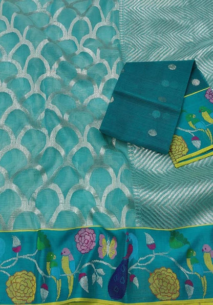 Stunning Blue Kota Doria Saree with Handloom Weaving and Real Zari Embellishments - Luxurion World