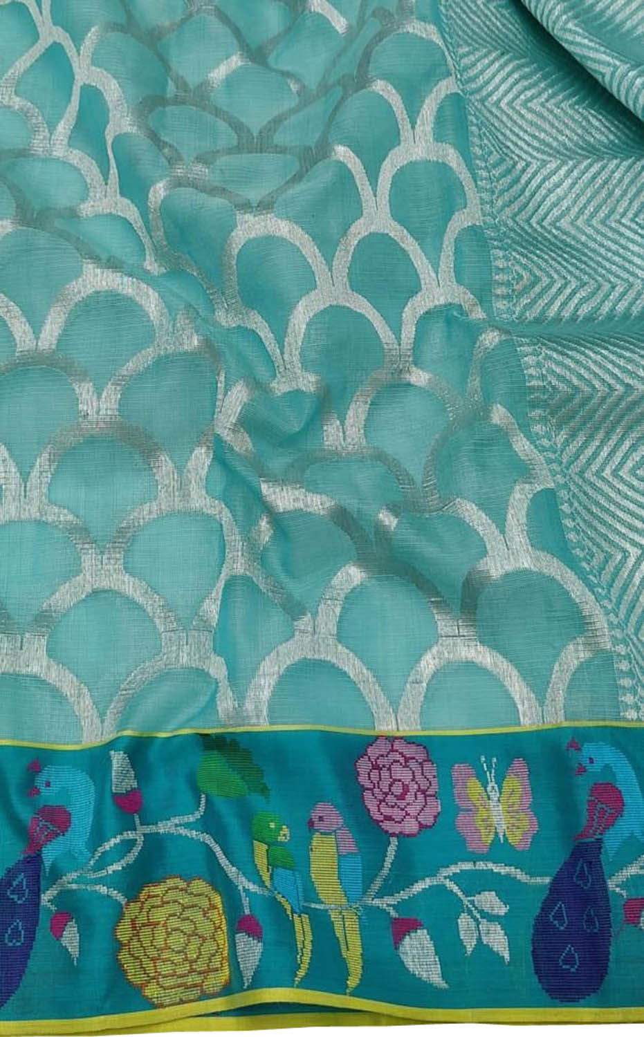 Stunning Blue Kota Doria Saree with Handloom Weaving and Real Zari Embellishments - Luxurion World