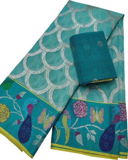 Stunning Blue Kota Doria Saree with Handloom Weaving and Real Zari Embellishments