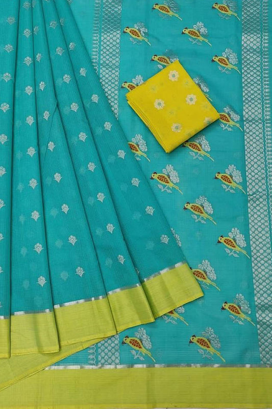Stunning Blue and Yellow Kota Doria Handloom Saree with Real Zari - Luxurion World