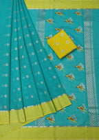 Stunning Blue and Yellow Kota Doria Handloom Saree with Real Zari - Luxurion World