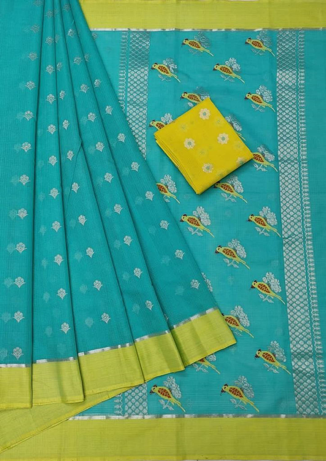 Stunning Blue and Yellow Kota Doria Handloom Saree with Real Zari - Luxurion World