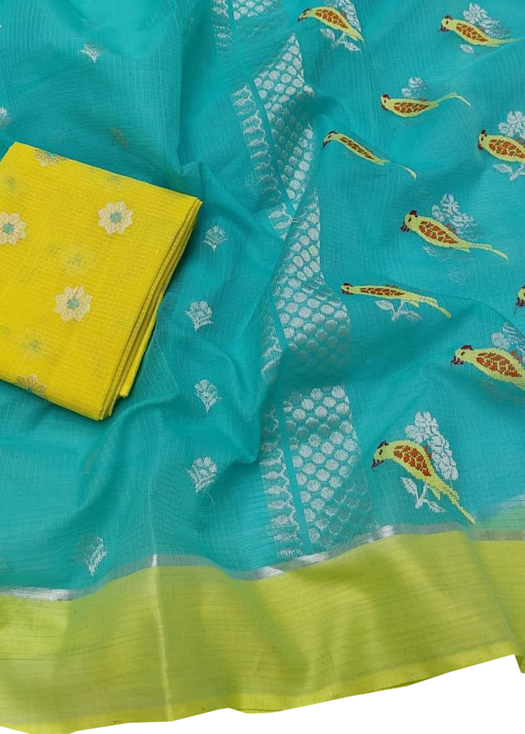 Stunning Blue and Yellow Kota Doria Handloom Saree with Real Zari - Luxurion World