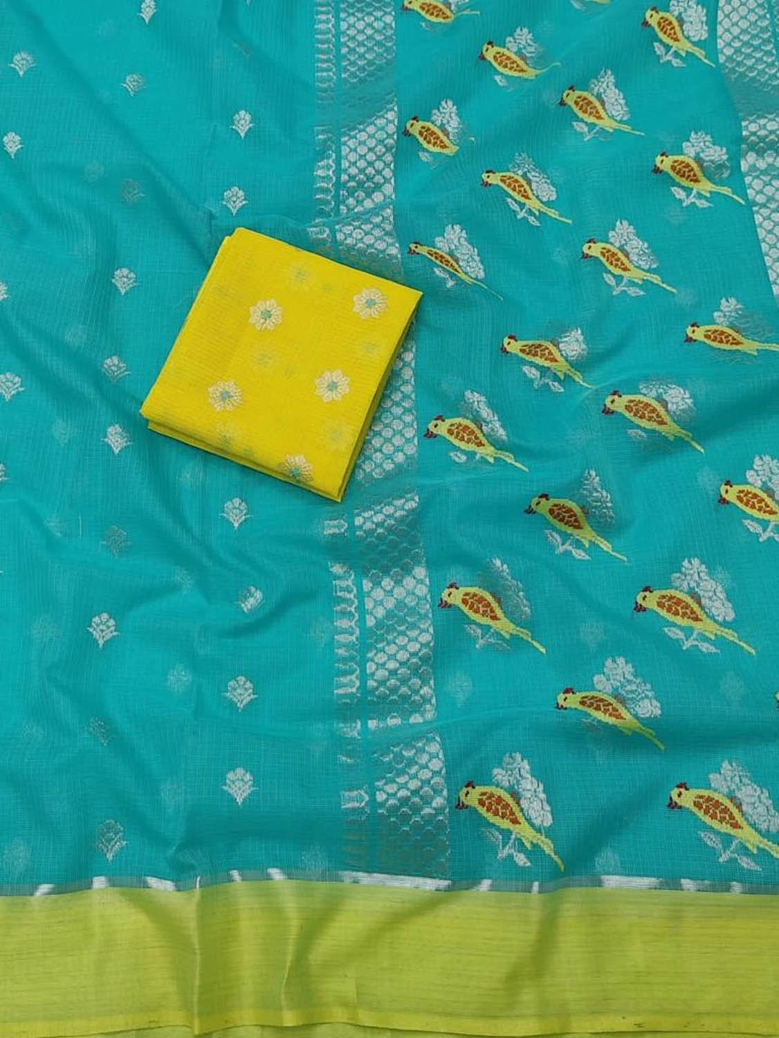 Stunning Blue and Yellow Kota Doria Handloom Saree with Real Zari - Luxurion World
