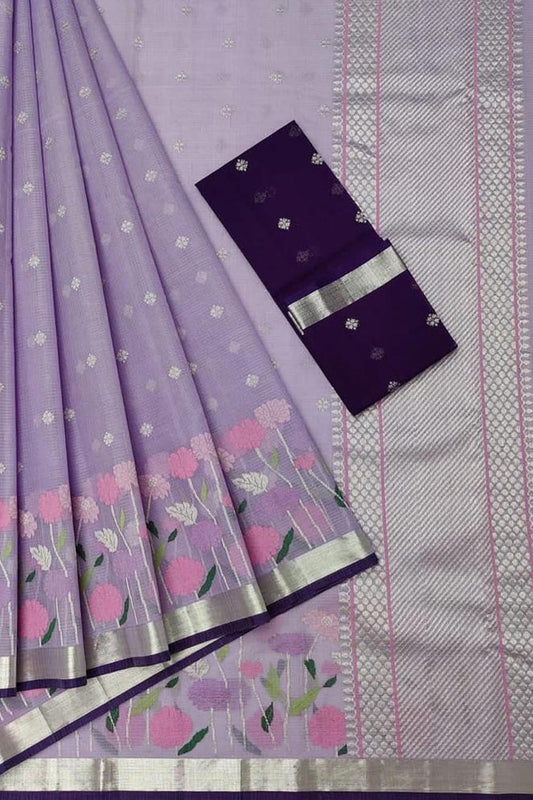 Real Zari Purple Kota Doria Handloom Saree - Elegant and Timeless - Luxurion World