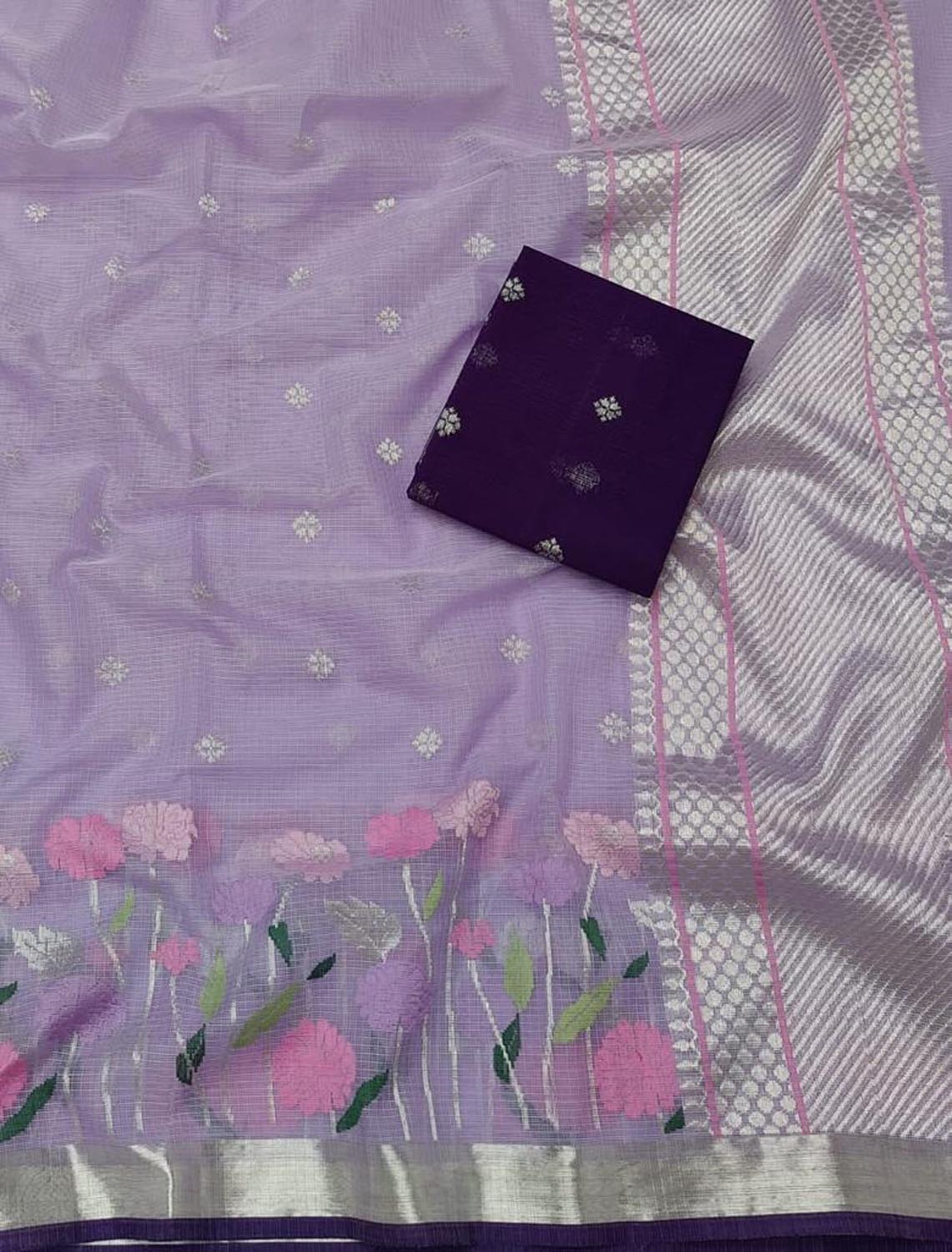 Real Zari Purple Kota Doria Handloom Saree - Elegant and Timeless - Luxurion World