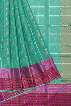 Green Kota Doria Handloom Saree with Real Zari Weaving - Luxurion World