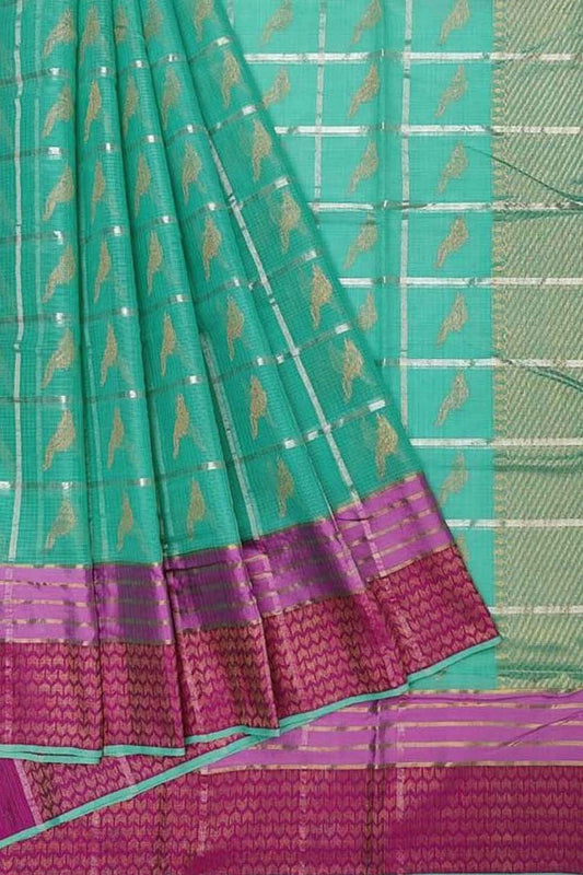 Green Kota Doria Handloom Saree with Real Zari Weaving - Luxurion World