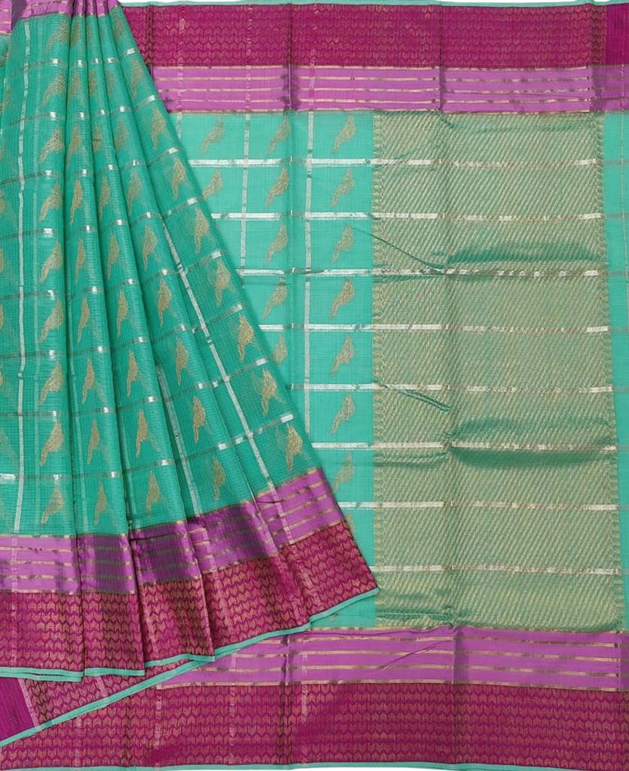 Green Kota Doria Handloom Saree with Real Zari Weaving - Luxurion World