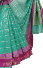 Green Kota Doria Handloom Saree with Real Zari Weaving - Luxurion World
