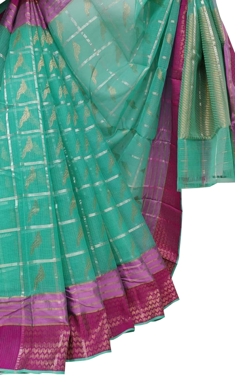 Green Kota Doria Handloom Saree with Real Zari Weaving - Luxurion World